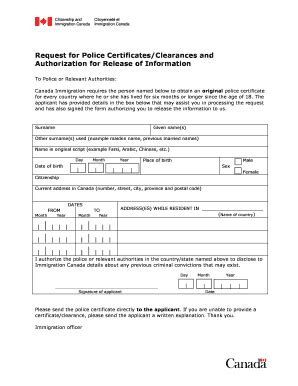 Request for Police Certificates/Clearances and Authorization for .